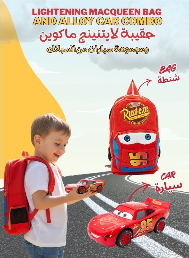 Disney Cars Lightning McQueen Backpack & Alloy Racing Car Combo â€“ Cars Movie Kids School Bag with Die-Cast Toy Car (2-Piece Set) - Image 1